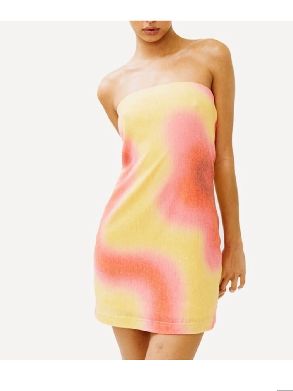 With Jean Strapless Tie-Dye Tube Dress in Yellow and Pink